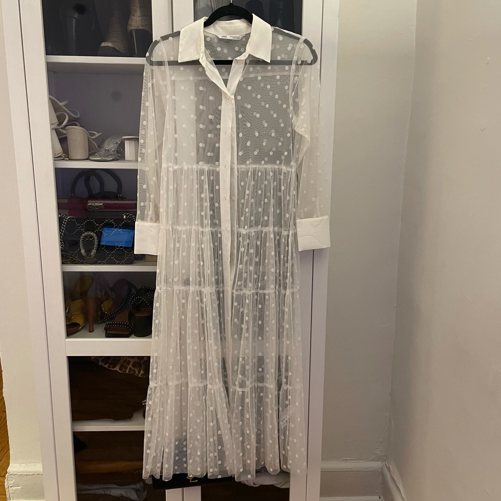 Zara white polka dot mesh tulle dress